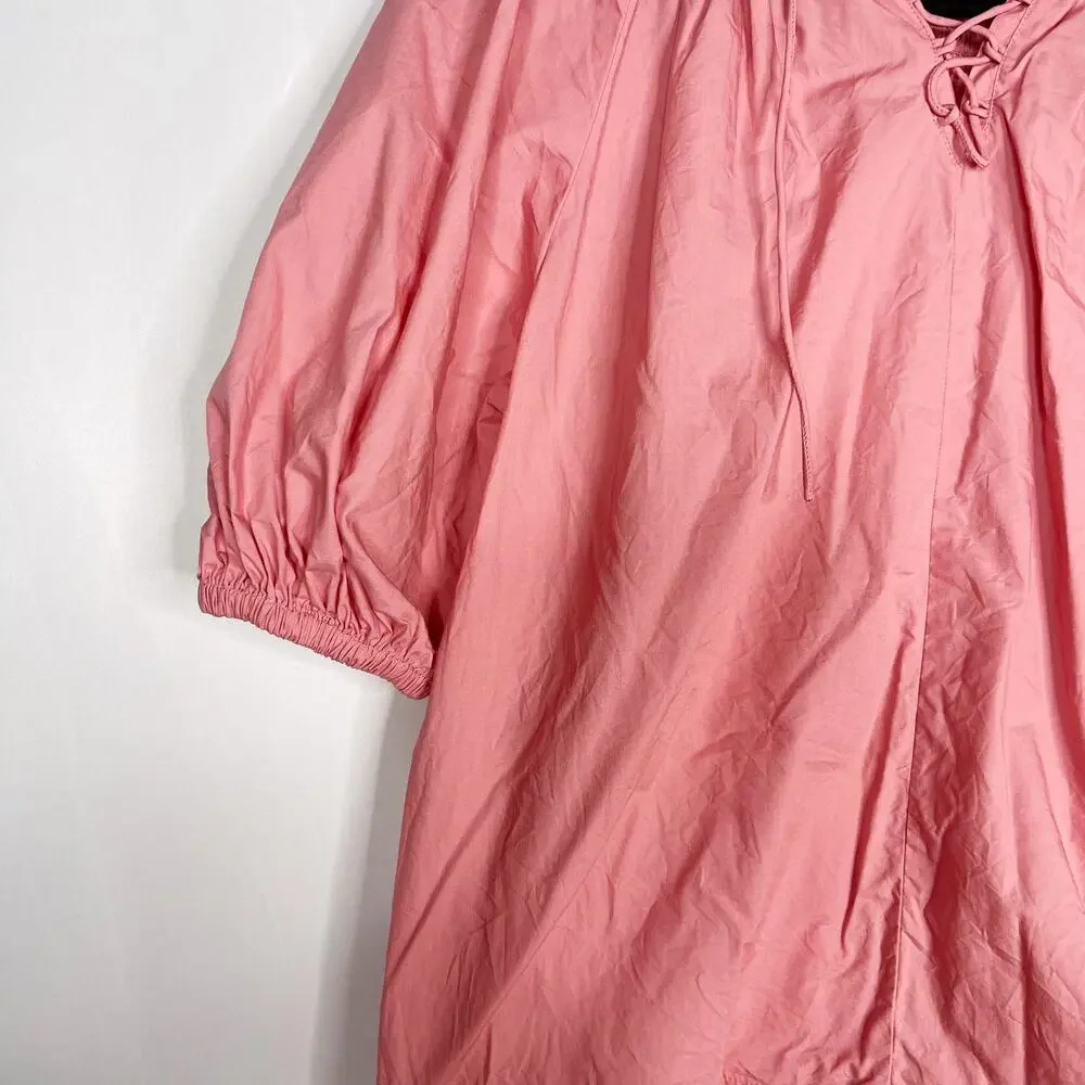 J Crew Womens XS Pink Smocked Neck Puff Sleeve Cotton Poplin Top Lace Up Back